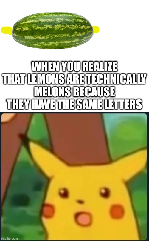 . |  WHEN YOU REALIZE THAT LEMONS ARE TECHNICALLY MELONS BECAUSE THEY HAVE THE SAME LETTERS | image tagged in blank white template,surprised pikachu | made w/ Imgflip meme maker