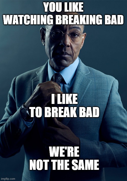 Gus Fring we are not the same | YOU LIKE WATCHING BREAKING BAD; I LIKE TO BREAK BAD; WE'RE NOT THE SAME | image tagged in gus fring we are not the same | made w/ Imgflip meme maker
