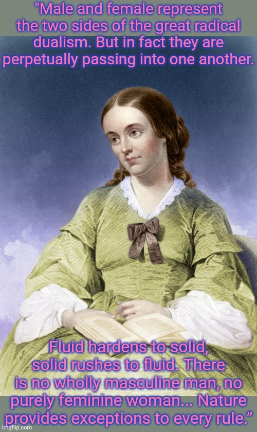 Margaret Fuller 1810-1850 | "Male and female represent the two sides of the great radical dualism. But in fact they are perpetually passing into one another. Fluid hardens to solid, solid rushes to fluid. There is no wholly masculine man, no purely feminine woman... Nature provides exceptions to every rule.” | image tagged in margaret fuller,feminist,author,gender fluid | made w/ Imgflip meme maker