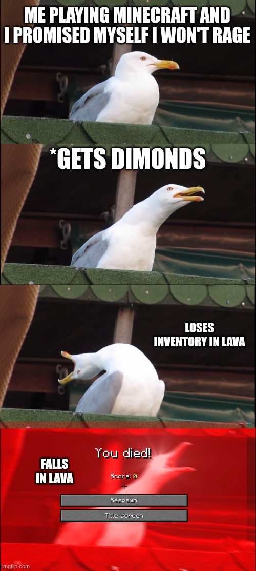 Inhaling Seagull Meme | ME PLAYING MINECRAFT AND I PROMISED MYSELF I WON'T RAGE; *GETS DIMONDS; LOSES INVENTORY IN LAVA; FALLS IN LAVA | image tagged in memes,inhaling seagull | made w/ Imgflip meme maker