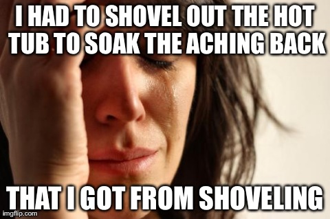 First World Problems Meme | I HAD TO SHOVEL OUT THE HOT TUB TO SOAK THE ACHING BACK THAT I GOT FROM SHOVELING | image tagged in memes,first world problems,AdviceAnimals | made w/ Imgflip meme maker