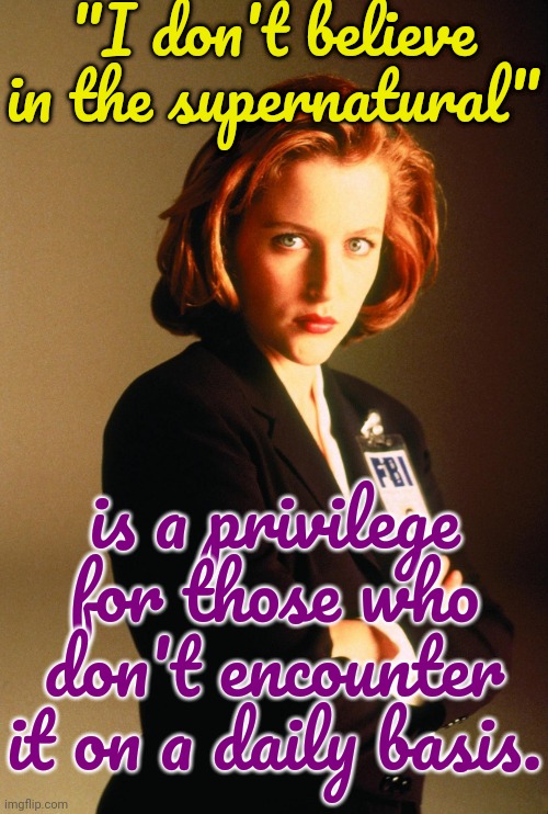 It's Impossible for me to say that. | "I don't believe in the supernatural"; is a privilege for those who don't encounter it on a daily basis. | image tagged in dana scully,experience,spirit animal,magic,resurrection,monk | made w/ Imgflip meme maker