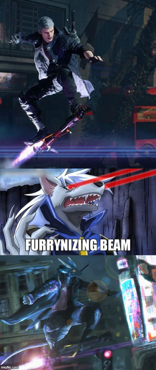 That was not a good picture of Nero. xD (By SirSpaceDragurn) | image tagged in furrynizing beam,devil may cry,memes,furry,nero | made w/ Imgflip meme maker