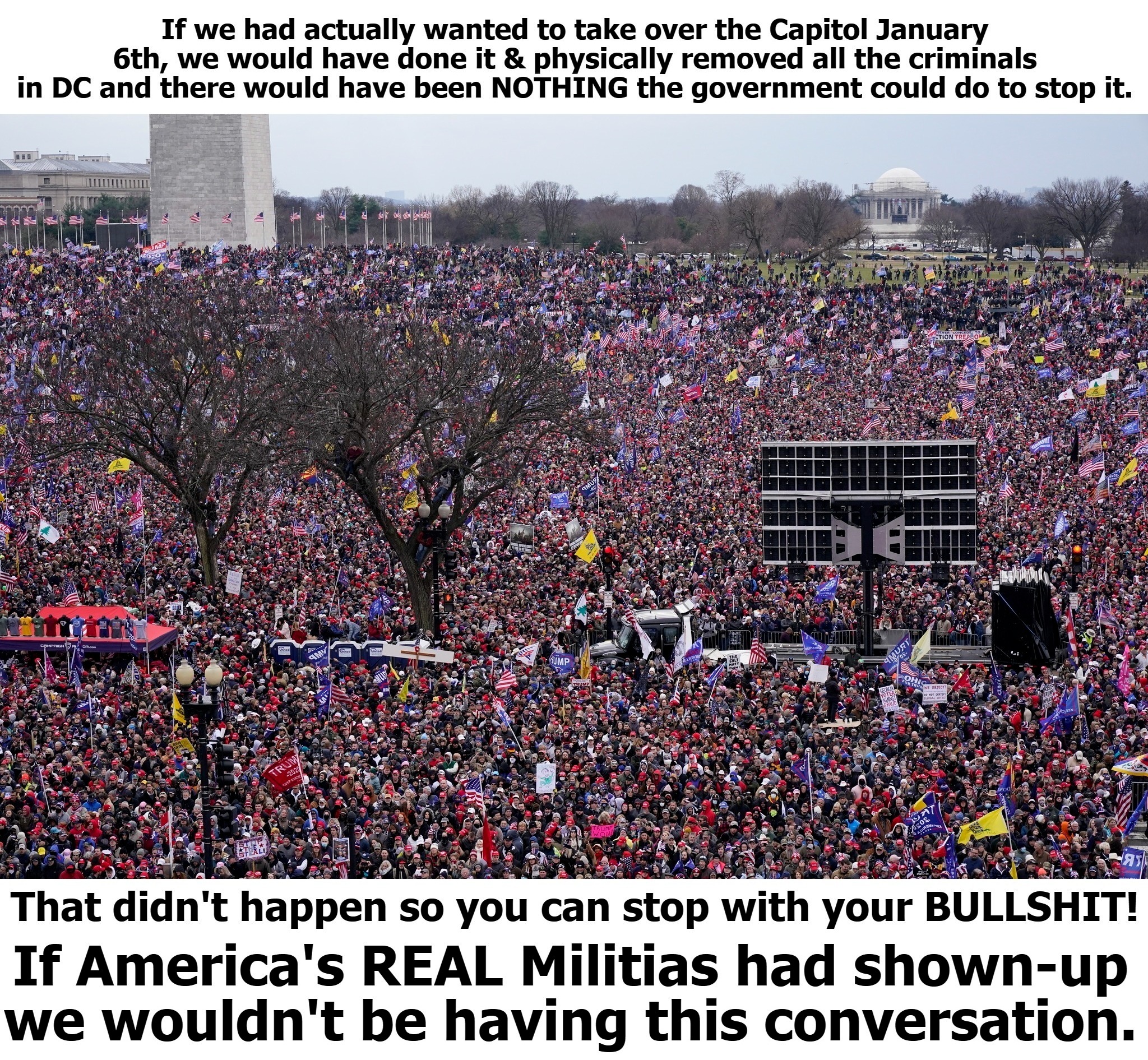 If America's REAL Militias had shown up on J6 we wouldn't be having this conversation. | image tagged in january 6,militia,molon labe,well regulated militia,patriots,tyrants | made w/ Imgflip meme maker