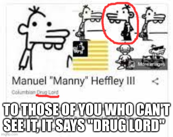 Insert stupid title here: |  TO THOSE OF YOU WHO CAN'T SEE IT, IT SAYS "DRUG LORD" | image tagged in diary of a wimpy kid,oof | made w/ Imgflip meme maker