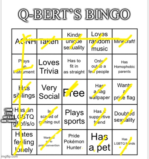 Thanks Q-Bert! ^^ | I THINK I STILL GOT A S/O IDRK THOUGH | image tagged in q-bert bingo | made w/ Imgflip meme maker