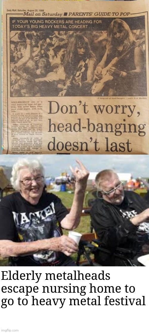 So much for that theory | Elderly metalheads escape nursing home to go to heavy metal festival | image tagged in elderly,heavy metal,fans,metal,forever | made w/ Imgflip meme maker