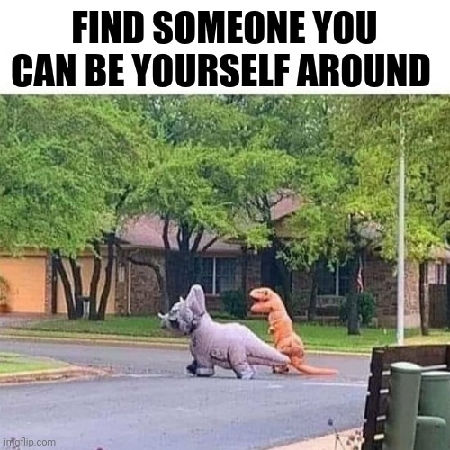 Rawr! |  FIND SOMEONE YOU CAN BE YOURSELF AROUND | image tagged in dinosaur couple,dinosaur,dinosaurs,dino,trex,memes | made w/ Imgflip meme maker