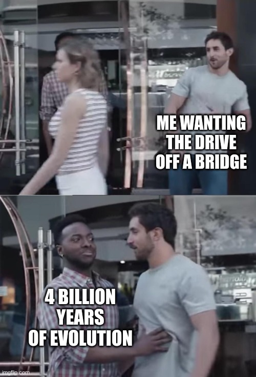 "your welcome" says evolution | ME WANTING THE DRIVE OFF A BRIDGE; 4 BILLION YEARS OF EVOLUTION | image tagged in bro not cool,memes,bruh,evolution,funny,fun | made w/ Imgflip meme maker