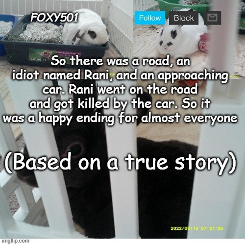 Fake Story I made Up | So there was a road, an idiot named Rani, and an approaching car. Rani went on the road and got killed by the car. So it was a happy ending for almost everyone; (Based on a true story) | image tagged in foxy501 announcement template | made w/ Imgflip meme maker