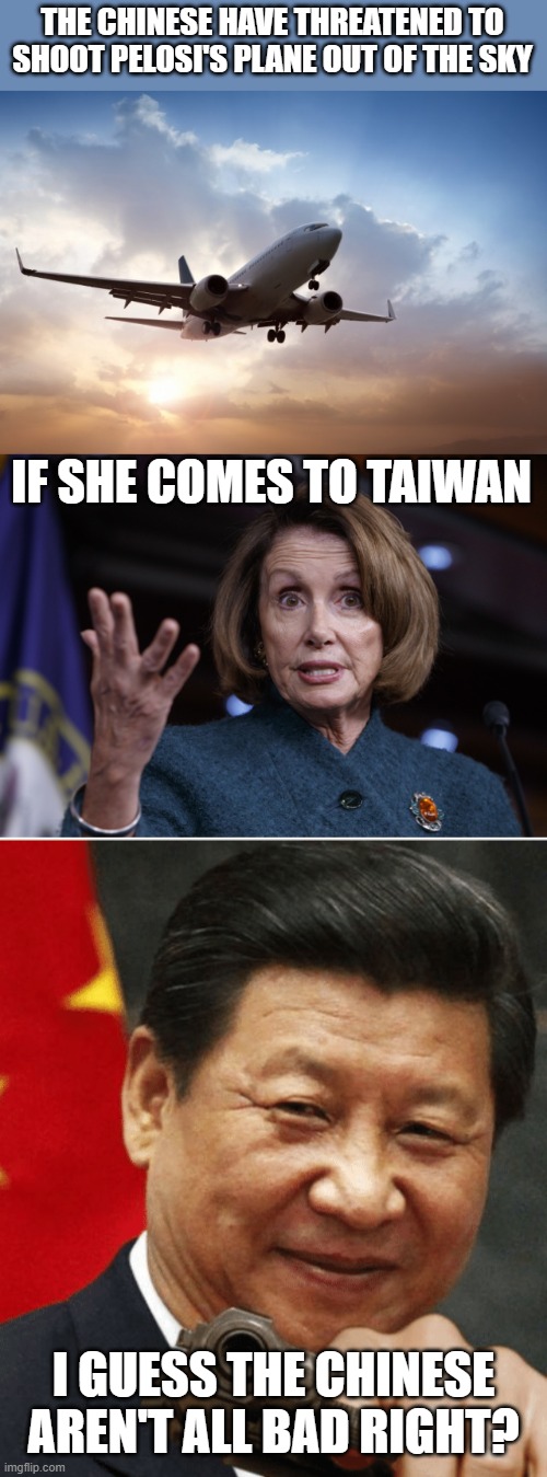 Chinese threaten to shoot Pelosi's plane out of the sky if she goes to Taiwan | THE CHINESE HAVE THREATENED TO SHOOT PELOSI'S PLANE OUT OF THE SKY; IF SHE COMES TO TAIWAN; I GUESS THE CHINESE AREN'T ALL BAD RIGHT? | image tagged in air plane,good old nancy pelosi,xi jinping | made w/ Imgflip meme maker