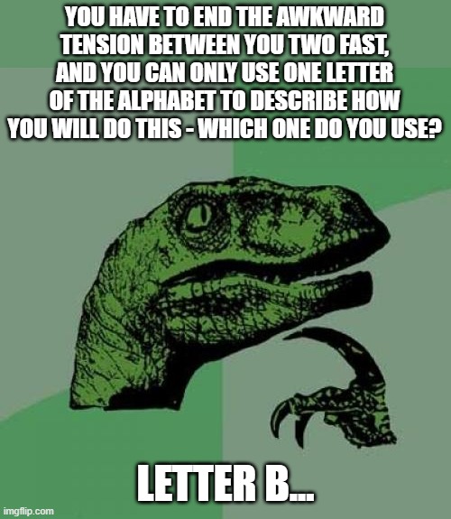 Easier Said Than Done | YOU HAVE TO END THE AWKWARD TENSION BETWEEN YOU TWO FAST, AND YOU CAN ONLY USE ONE LETTER OF THE ALPHABET TO DESCRIBE HOW YOU WILL DO THIS - WHICH ONE DO YOU USE? LETTER B... | image tagged in memes,philosoraptor,so true memes,life sucks,reality,real life | made w/ Imgflip meme maker