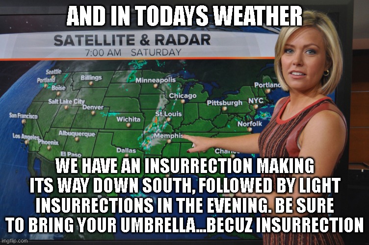 Weather forecast | AND IN TODAYS WEATHER WE HAVE AN INSURRECTION MAKING ITS WAY DOWN SOUTH, FOLLOWED BY LIGHT INSURRECTIONS IN THE EVENING. BE SURE TO BRING YO | image tagged in weather forecast | made w/ Imgflip meme maker