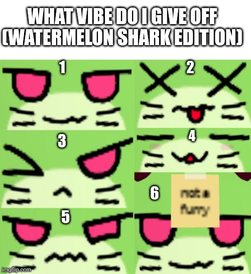 (8: dumb)(kif: 9. pisshead) | WHAT VIBE DO I GIVE OFF
(WATERMELON SHARK EDITION); 1; 2; 4; 3; 6; 5 | image tagged in memes,blank transparent square | made w/ Imgflip meme maker