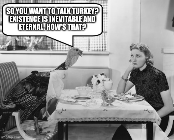 Thanksgiving Turkey Negotiations | SO YOU WANT TO TALK TURKEY?
EXISTENCE IS INEVITABLE AND
ETERNAL. HOW'S THAT? | image tagged in thanksgiving turkey negotiations | made w/ Imgflip meme maker