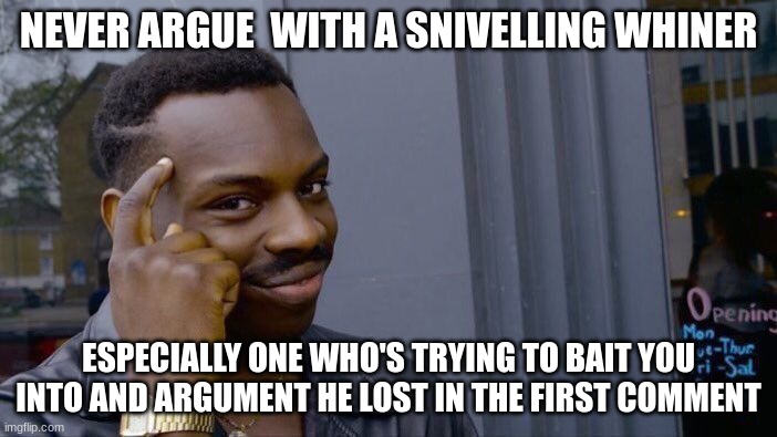 Roll Safe Think About It Meme | NEVER ARGUE  WITH A SNIVELLING WHINER; ESPECIALLY ONE WHO'S TRYING TO BAIT YOU INTO AND ARGUMENT HE LOST IN THE FIRST COMMENT | image tagged in memes,roll safe think about it | made w/ Imgflip meme maker