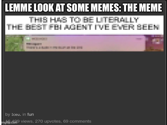 ? | LEMME LOOK AT SOME MEMES: THE MEME | image tagged in bruh,funny,memes,help me i need memes,stop reading the tags,i quit | made w/ Imgflip meme maker