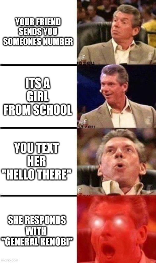 that fuckin obi wan kenobi | YOUR FRIEND SENDS YOU SOMEONES NUMBER; ITS A GIRL FROM SCHOOL; YOU TEXT HER "HELLO THERE"; SHE RESPONDS WITH  "GENERAL KENOBI" | image tagged in vince mcmahon reaction w/glowing eyes | made w/ Imgflip meme maker