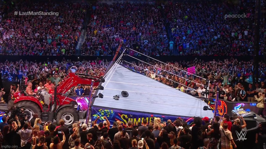 Brock Lesnar uses a tractor to destroy the ring with Roman Reigns in it (summerslam 2022) | made w/ Imgflip meme maker