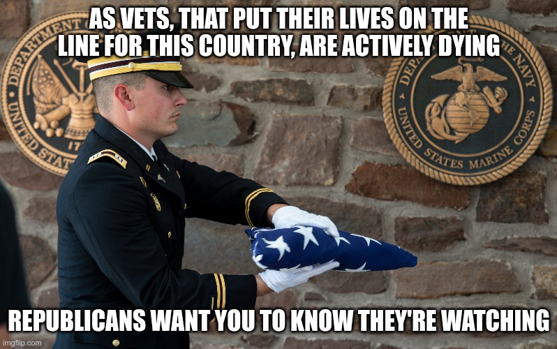Watching them die |  AS VETS, THAT PUT THEIR LIVES ON THE LINE FOR THIS COUNTRY, ARE ACTIVELY DYING; REPUBLICANS WANT YOU TO KNOW THEY'RE WATCHING | image tagged in gop,veterans,dying,do nothing,haters | made w/ Imgflip meme maker