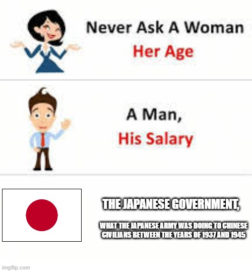 questions you dont ask | THE JAPANESE GOVERNMENT, WHAT THE JAPANESE ARMY WAS DOING TO CHINESE CIVILIANS BETWEEN THE YEARS OF 1937 AND 1945 | image tagged in questions you dont ask | made w/ Imgflip meme maker