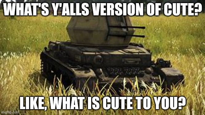 Wirbelwind | WHAT'S Y'ALLS VERSION OF CUTE? LIKE, WHAT IS CUTE TO YOU? | image tagged in wirbelwind,nobody was here | made w/ Imgflip meme maker