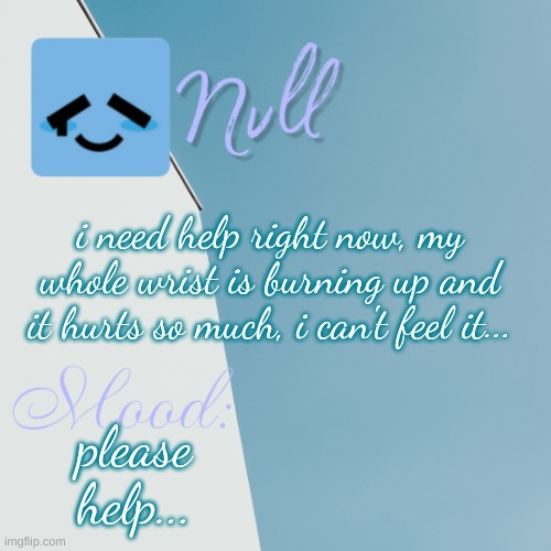 the pain is going to my leg and shoulder...help... | i need help right now, my whole wrist is burning up and it hurts so much, i can't feel it... please help... | made w/ Imgflip meme maker