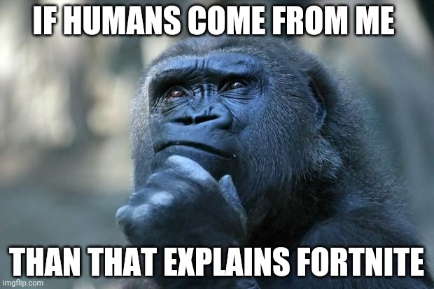 Today's meme | IF HUMANS COME FROM ME; THAN THAT EXPLAINS FORTNITE | image tagged in deep thoughts | made w/ Imgflip meme maker