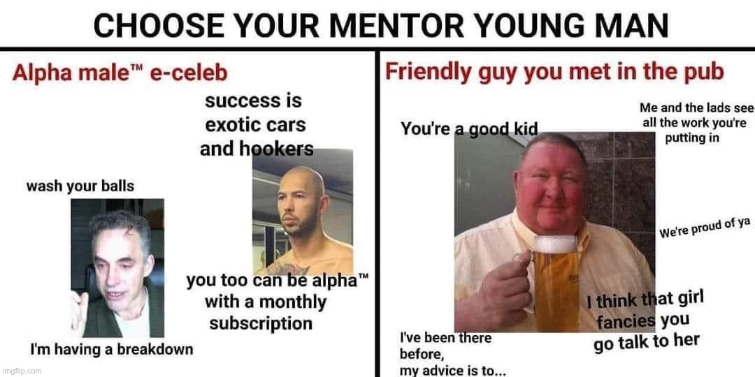 Young men these days need more of the right column. | image tagged in choose your mentor | made w/ Imgflip meme maker