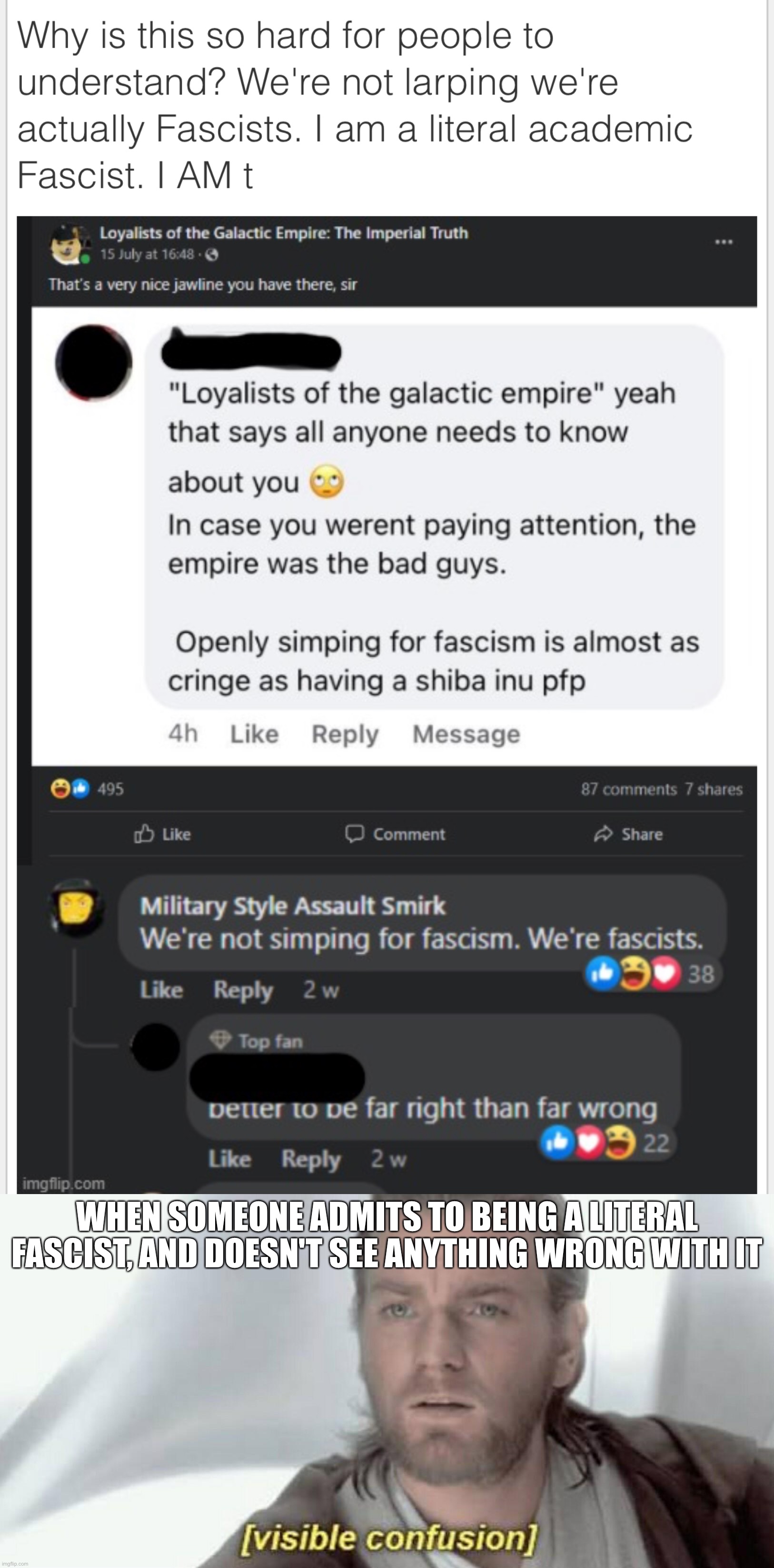 WHEN SOMEONE ADMITS TO BEING A LITERAL FASCIST, AND DOESN'T SEE ANYTHING WRONG WITH IT | image tagged in visible confusion | made w/ Imgflip meme maker
