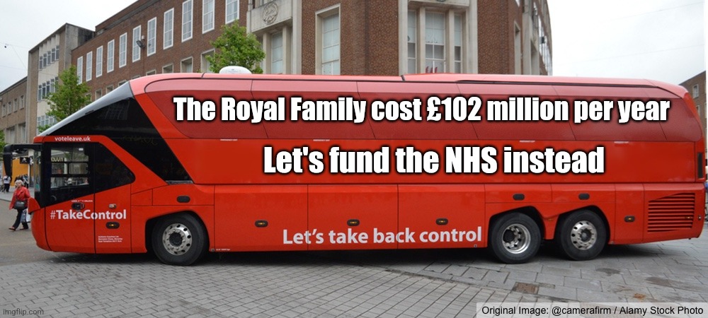 Elizabeth the Last | The Royal Family cost £102 million per year; Let's fund the NHS instead | image tagged in brexit bus blank | made w/ Imgflip meme maker