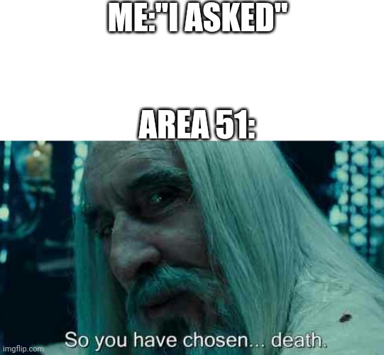 Noice title | ME:"I ASKED"; AREA 51: | image tagged in blank white template,so you have chosen death,memes,funny,school | made w/ Imgflip meme maker