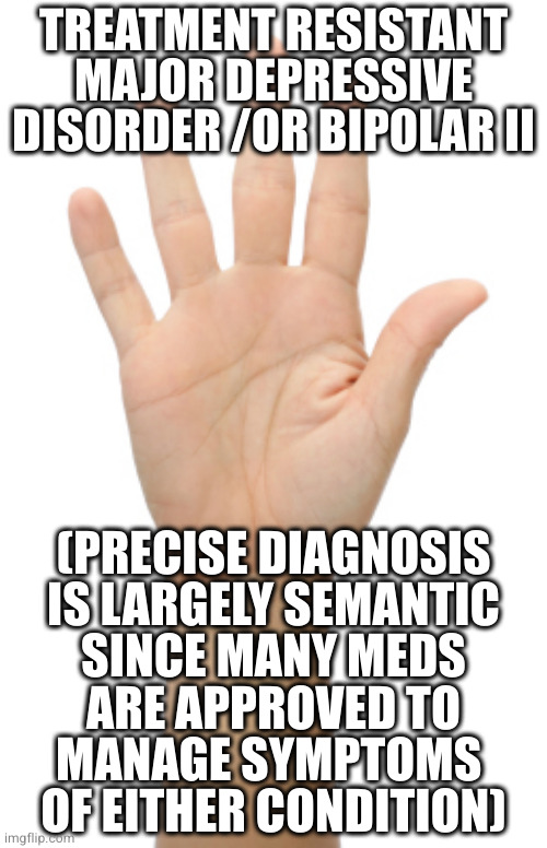 raise hand | TREATMENT RESISTANT MAJOR DEPRESSIVE DISORDER /OR BIPOLAR II; (PRECISE DIAGNOSIS
IS LARGELY SEMANTIC
SINCE MANY MEDS
ARE APPROVED TO
MANAGE SYMPTOMS 
OF EITHER CONDITION) | image tagged in raise hand | made w/ Imgflip meme maker