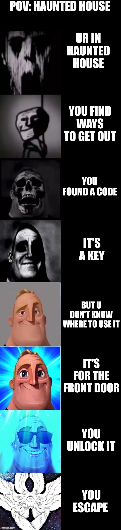 Haunted House | POV: HAUNTED HOUSE; UR IN HAUNTED HOUSE; YOU FIND WAYS TO GET OUT; YOU FOUND A CODE; IT'S A KEY; BUT U DON'T KNOW WHERE TO USE IT; IT'S FOR THE FRONT DOOR; YOU UNLOCK IT; YOU ESCAPE | image tagged in mr incredible becoming uncanny to canny 8 panel | made w/ Imgflip meme maker