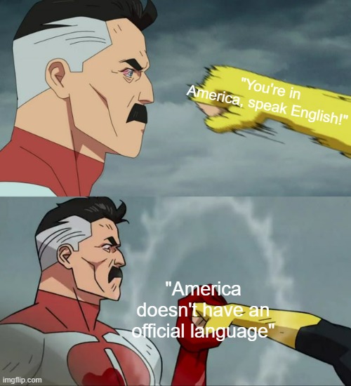 Karens be like | "You're in America, speak English!"; "America doesn't have an official language" | image tagged in omni man blocks punch | made w/ Imgflip meme maker