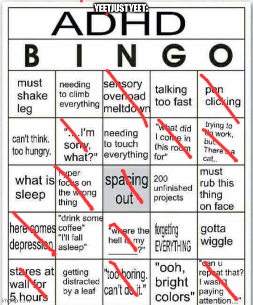 My bungo board | YEETJUSTYEET: | image tagged in adhd bingo | made w/ Imgflip meme maker