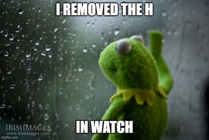 they fixed the bug too | I REMOVED THE H; IN WATCH | image tagged in kermit window | made w/ Imgflip meme maker