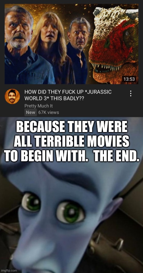 BECAUSE THEY WERE ALL TERRIBLE MOVIES TO BEGIN WITH.  THE END. | image tagged in megamind no bitches | made w/ Imgflip meme maker