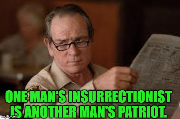 no country for old men tommy lee jones | ONE MAN'S INSURRECTIONIST IS ANOTHER MAN'S PATRIOT. | image tagged in no country for old men tommy lee jones | made w/ Imgflip meme maker