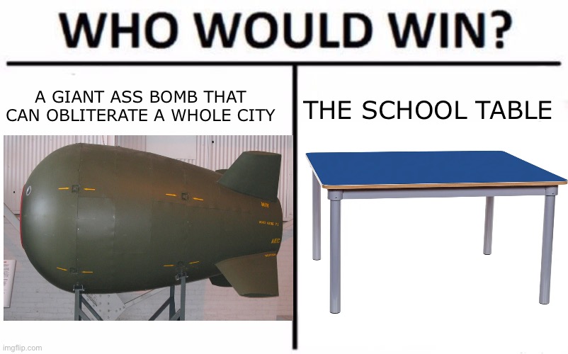 A GIANT ASS BOMB THAT CAN OBLITERATE A WHOLE CITY; THE SCHOOL TABLE | image tagged in who would win,nuke,table | made w/ Imgflip meme maker