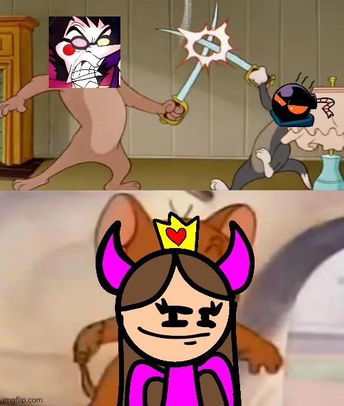 Jessica does not even care... | image tagged in spamton,whitty,tom and jerry swordfight | made w/ Imgflip meme maker