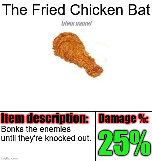 Item-shop template | The Fried Chicken Bat; Bonks the enemies until they're knocked out. 25% | image tagged in item-shop template | made w/ Imgflip meme maker