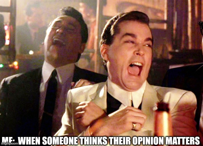 Protests = comedy. | ME:  WHEN SOMEONE THINKS THEIR OPINION MATTERS | image tagged in memes,good fellas hilarious | made w/ Imgflip meme maker