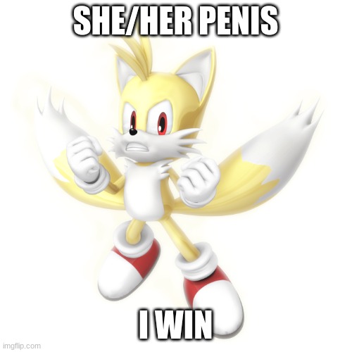 Super Tails | SHE/HER PENIS I WIN | image tagged in super tails | made w/ Imgflip meme maker