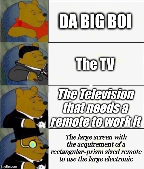 TVs | DA BIG BOI; The TV; The Television that needs a remote to work it; The large screen with the acquirement of a rectangular-prism sized remote to use the large electronic | image tagged in tuxedo winnie the pooh 4 panel | made w/ Imgflip meme maker