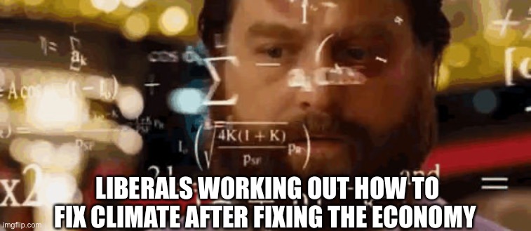 Liberals at work | LIBERALS WORKING OUT HOW TO FIX CLIMATE AFTER FIXING THE ECONOMY | image tagged in calculationg meme,climate change,economy | made w/ Imgflip meme maker