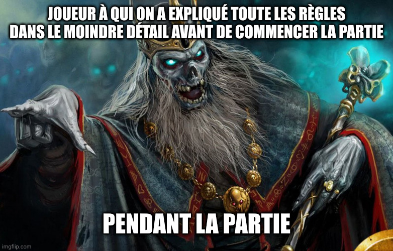 lich | JOUEUR À QUI ON A EXPLIQUÉ TOUTE LES RÈGLES DANS LE MOINDRE DÉTAIL AVANT DE COMMENCER LA PARTIE; PENDANT LA PARTIE | image tagged in lich | made w/ Imgflip meme maker