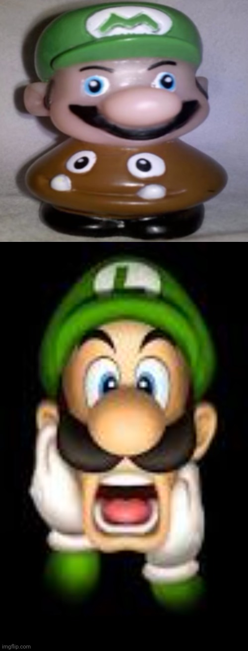 Cursed Luigi Goomba | image tagged in frighten/scared luigi,cursed image,goomba,luigi,memes,meme | made w/ Imgflip meme maker