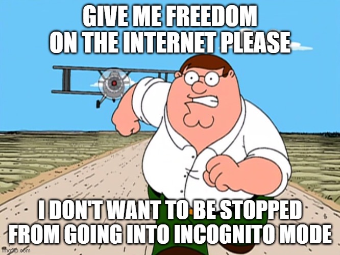 Peter Griffin running away | GIVE ME FREEDOM ON THE INTERNET PLEASE I DON'T WANT TO BE STOPPED FROM GOING INTO INCOGNITO MODE | image tagged in peter griffin running away | made w/ Imgflip meme maker