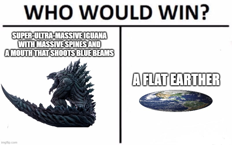 Who Would Win? Meme | SUPER-ULTRA-MASSIVE IGUANA WITH MASSIVE SPINES AND A MOUTH THAT SHOOTS BLUE BEAMS A FLAT EARTHER | image tagged in memes,who would win | made w/ Imgflip meme maker